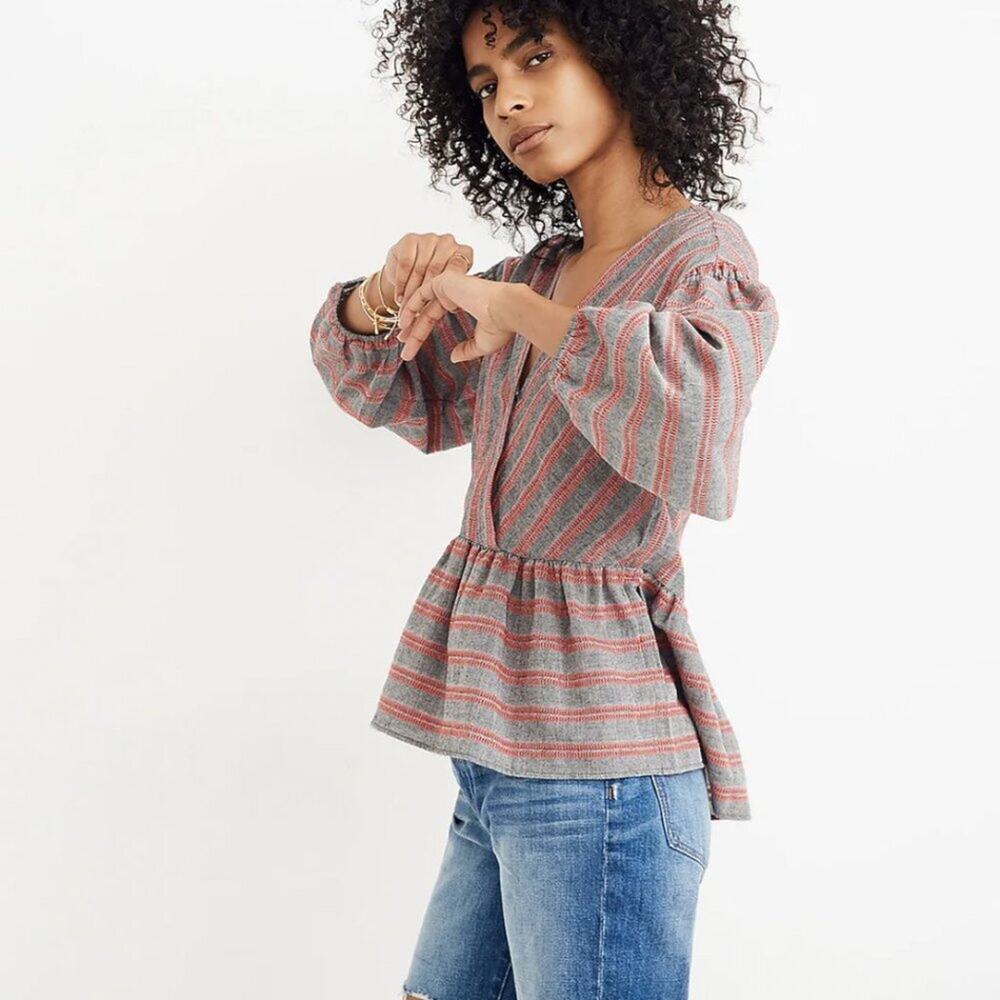 Madewell Striped Bubble-Sleeve Peplum Top